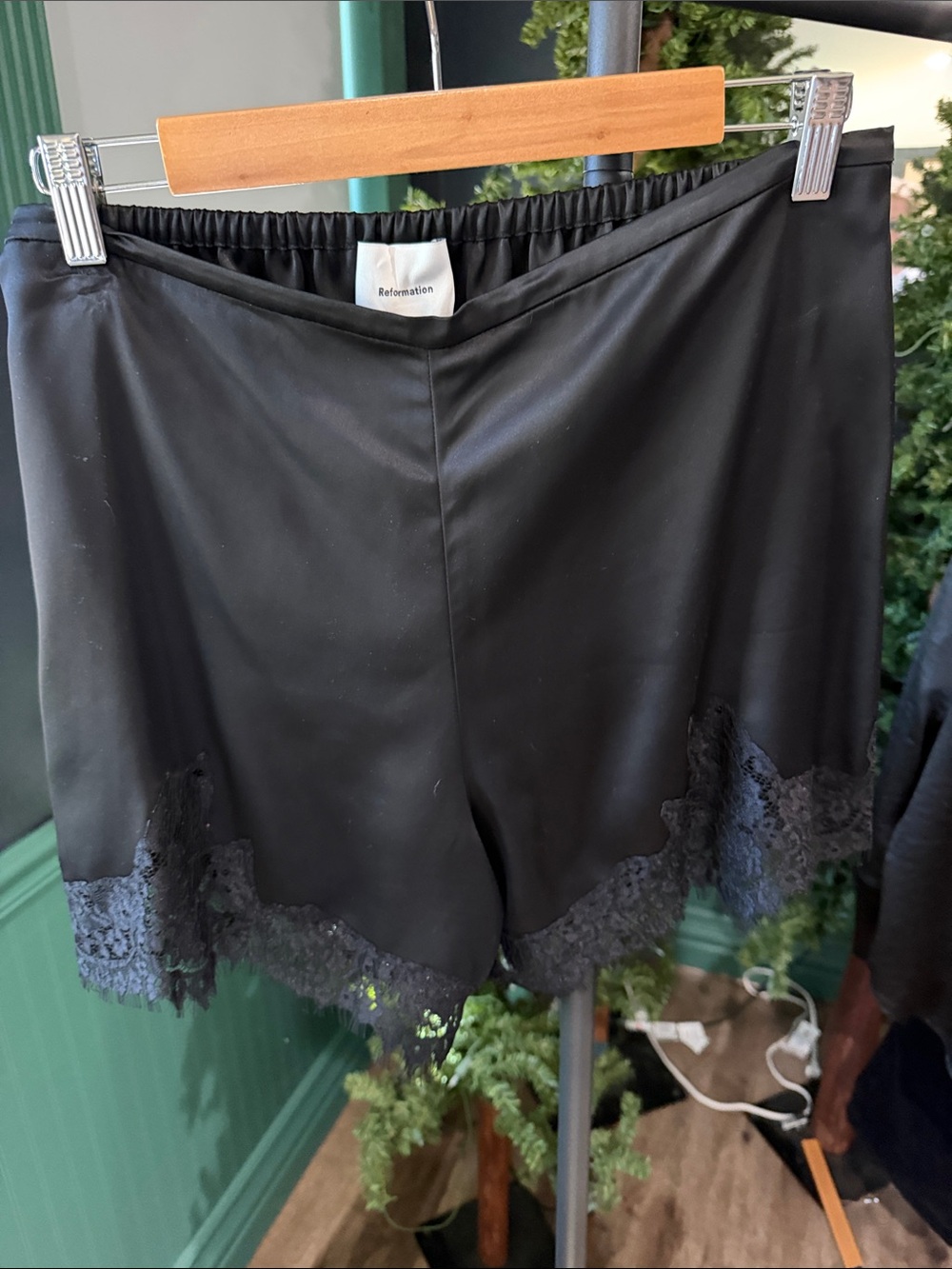 Reformation Black Satin Lace-Trim Pajama Shorts